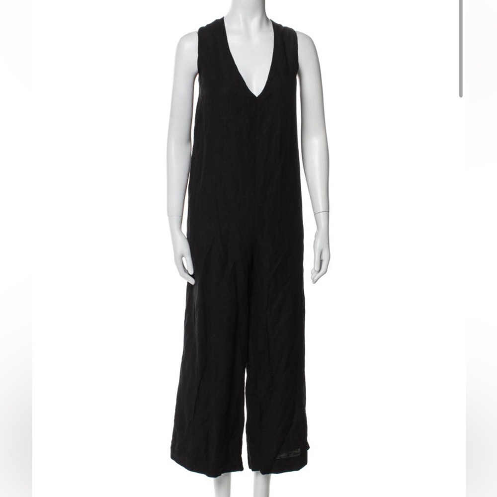 Solid and striped black linen pant romper M
